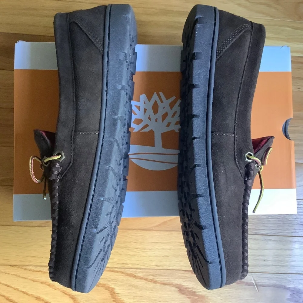 Timberland Suede Stony Ledge Flannel-Lined Moc Slipper/Boat Shoes Dark Brown 12